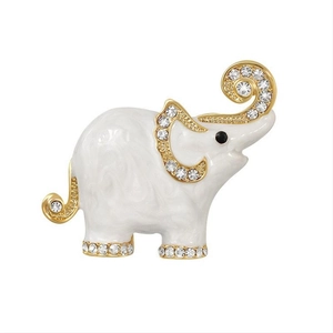 Cute elephant brooch in white enamel and gold finish with sparkling rhinestones for women
