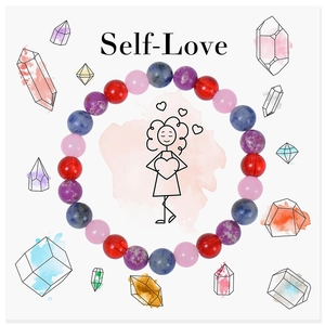 Detail of beaded Self-Love bracelet featuring colorful natural amethyst and tiger eye stones