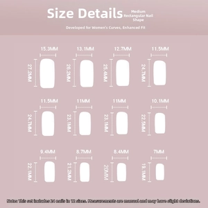Detailed size chart for medium square French nails showing 12 precise measurements