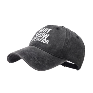 Vintage dark gray washed cotton baseball cap with Shit Show Supervisor text for men and women