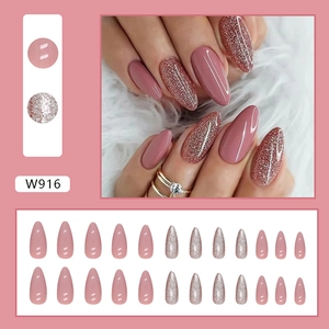 Elegant dusty rose almond press-on nails set with shiny silver glitter accents