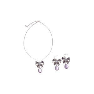 Sparkling silver necklace and earrings set with purple crystal butterfly teardrop pendants
