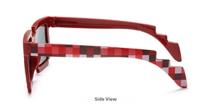 Side view of pixel style sunglasses with mosaic checkered pattern on red temples