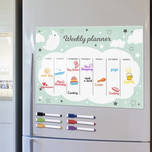 Weekly magnetic acrylic planner on fridge with six colored markers and cute bear motifs