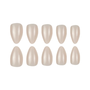 Pearlescent nude pink almond press-on nails set with glossy finish on white background