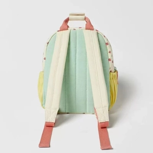 Kids cotton canvas backpack with strawberry print and colorful patchwork design back view