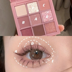 Nine-color rose pink matte and shimmer eyeshadow palette with glitter textures and makeup tutorial