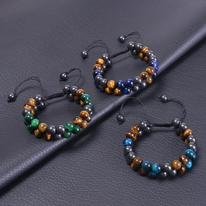 Braccialetti in perle occhio di tigre e ematite intrecciati a due strati, tre colori