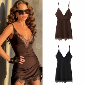 Vestito Sottoveste In Raso Sexy Scollo A V Bordo In Pizzo Spalline Sottili Regolabili Vestibilità Aderente Mini Camicia Da Notte Donna