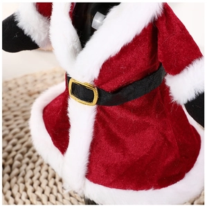 Macro shot of red velvet Christmas wine bottle dress with white plush trim and black belt