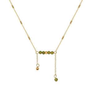 Elegant 18K gold plated titanium necklace with green crystal tassels and olive green beads