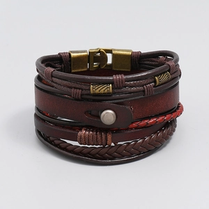 Men's vintage multi-layer dark brown leather woven bracelet with bronze metal clasp