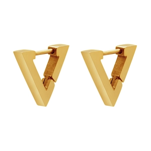 Detail of minimalist gold V-shaped geometric hoop earrings with hinged closure