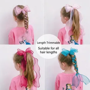 Girls long ribbon bow hair clip with sheer organza fabric and adjustable length