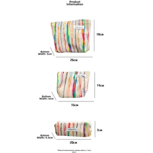 Size chart for colorful knit makeup bags showing dimensions of three available bag sizes