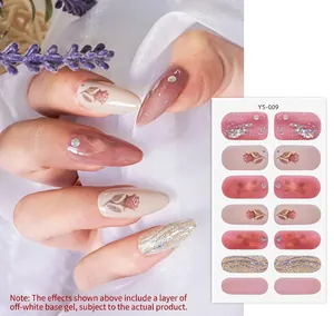 Detail of YS-009 nail wraps featuring pink roses, gold glitter and floral patterns