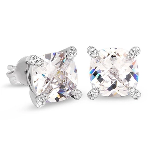 Close-up of hip hop square cushion-cut zircon earrings with silver four-prong setting