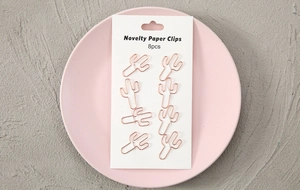Detail of 8 rose gold cactus-shaped novelty paper clips on a white card display