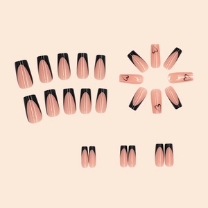 24pcs long square black French press-on nails with heart patterns and nude base