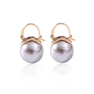 French vintage gold earrings with round grey pearls and lever-back clasp on white background