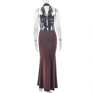 Detail of the backless tie-up design and brown knitted fabric on a long bodycon dress