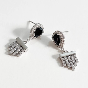 Waterdrop Black Zircon Earrings With 925 Sterling Silver Earring Post Retro Tiered Tassel Fringe Dangle For Women