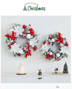 Detailed view of Christmas wreaths with poinsettia flowers and red bows on a shelf