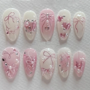 Pink Gradient Press On Nails With 3D Bow Heart Rhinestones Artificial Pearls Stiletto Shape Sweet False Nails For Women