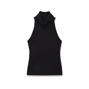 Top de punto negro sin mangas con cuello alto para mujer y corte entallado