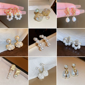 Artificial Pearl Earrings With Silver Earring Post Alloy Flower Heart Geometric Rhinestone Elegant French Style Jewelry For Women