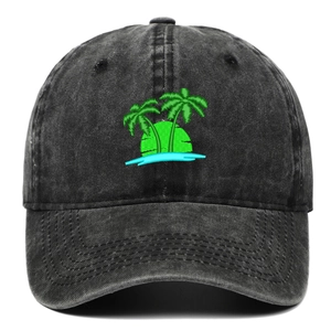 Unisex washed black baseball cap with tropical coconut tree embroidery and sun visor