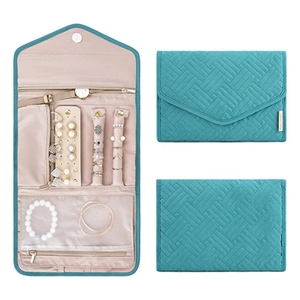 Compact travel jewelry organizer with detailed zipper pockets and earring panels