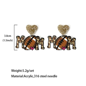 Acrylic rugby ball MOM earrings with leopard print and golden glitter heart design