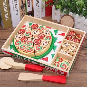 Wooden pizza cutting toy set for kids including tray, slices, toppings and serving tools