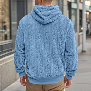 Detailed back view of light blue cable-knit teddy fleece hoodie with ribbed cuffs