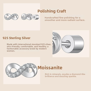 Detail view of S925 sterling silver infinity earrings set with brilliant moissanite stones