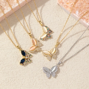 Butterfly Pendant Necklace For Women Copper Zirconia Cat Eye Stone Real Gold Plated Chain Necklace Elegant Jewelry Accessories