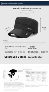 Größentabelle für atmungsaktive schwarze Baseballkappe mit detaillierten Maßen und Passform