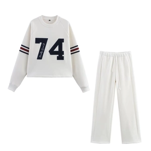 Women's Casual Sports Letter Print Long Sleeve Sweatshirt And Striped Wide Leg Pants Top And Bottom Tracksuit