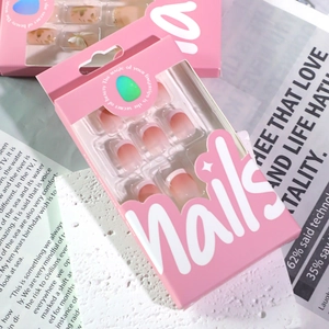 Short square press-on nails with 3D flowers and nude pink French gradient style