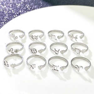 Set of 12 zodiac symbol adjustable stainless steel open rings with heart detail