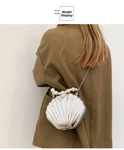 Detail of silver shell clutch bag with pearl handle and metal chain on a model