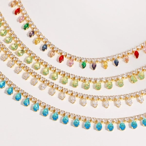 Gold plated necklaces with colorful pear-cut zircon pendants and shimmering round crystals