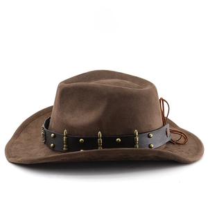 Detail of brown suede cowboy hat with studded leather band and decorative metal studs