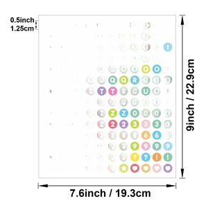 Detail showing 0.5 inch colorful round alphabet stickers with precise size measurements