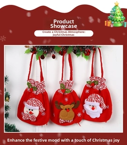 Three Christmas drawstring candy bags featuring snowman, elk, and Santa Claus designs