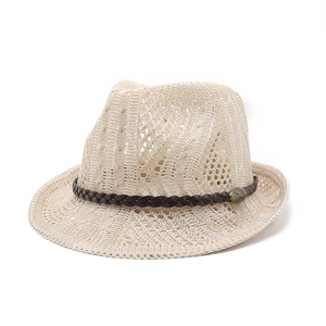 Close-up of knit fedora texture with brown leather band and antique metal badge