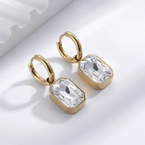 Elegant gold-plated stainless steel earrings with sparkling square cut zircon crystals