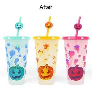 Three 24oz Halloween pumpkin color changing straw cups in blue, orange, and pink colors