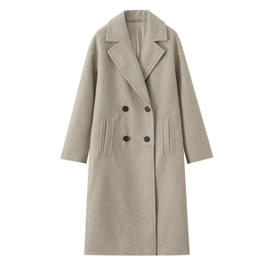 Women's casual loose oatmeal long wool coat with classic double-breasted lapel design